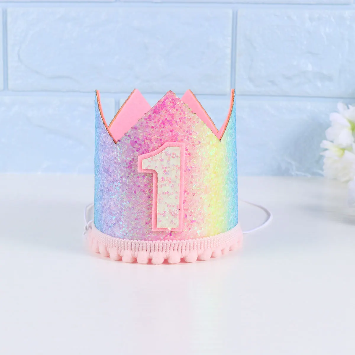 

1PC Rainbow Gradient Glitter Particles Crown Baby Birthday Decoration Birthday Hat (Rainbow Crown Number 1)