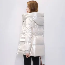 Novas mulheres jaqueta de inverno casaco feminino comprimento médio versão parkas quente grosso com capuz outwear brilhante aparecer fino casaco