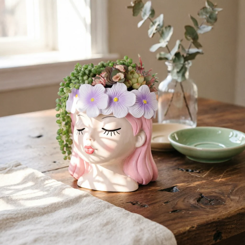 Girl Flowerpot Decorative Girl Face Planter Plant Container Cute Home Decor Artistic for Balcony