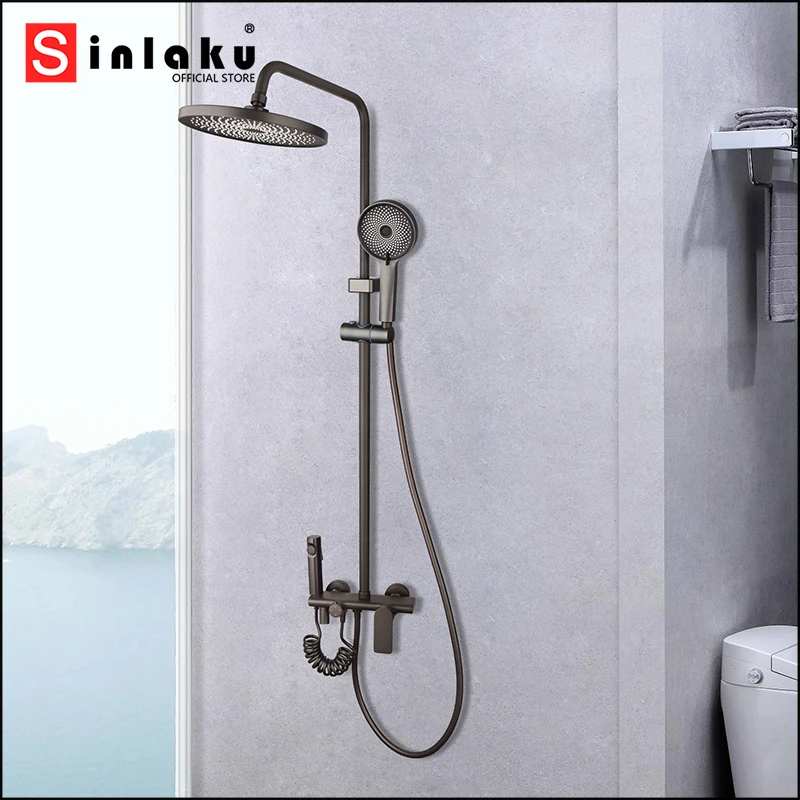 

SINLAKU Matte Grey Bathroom Shower Set 4 Ways Control Round Rainfall Shower Head Bath Shower With Bidet Spray Faucet Mixer Taps