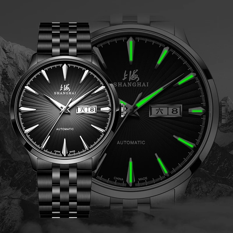 Shanghai Men's Watch Automatic Mechanical Movement 41.33mm All Black Elegant Watch Water Resistant 50m Luminous Classic Watch