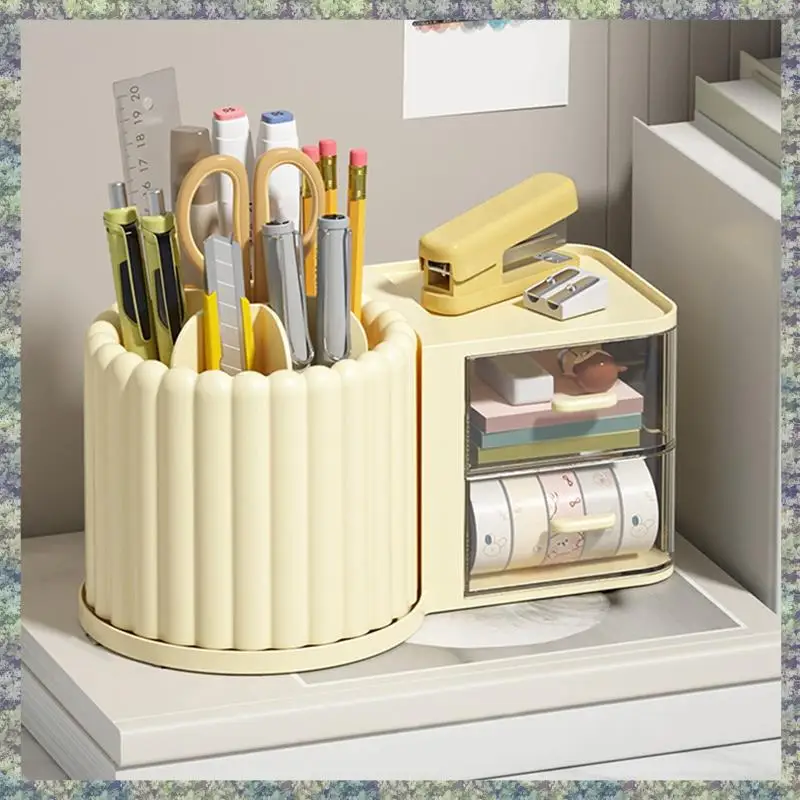 

WON Makeup Brush Holder Organizer With 2 Drawers,360° Rotating Makeup Organizer Countertop,Capacity Display Case Durable Cream C