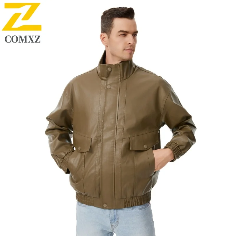 COMXZ 2025 Men Motorcycle Jacket Leather Leisure Turndown Collar Hiking Leather Coat Loose Windproof Autumn Trendy Male Clothing