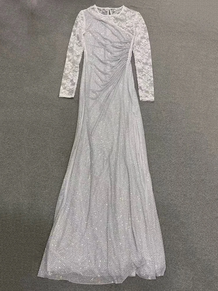 

Party Banquet Dress: Sophisticated and Elegant Full-Length Women's Dress with All-Over Rhinestone Embroidery and Lace Panels