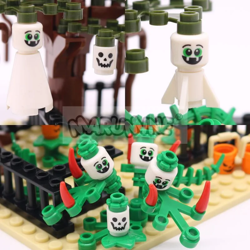 MARUMINE Halloween MOC Blocks Accessories Printed Ghost Pumpkin Devil Bucket Bricks Parts Compatible with 3062 3626 95343 20693