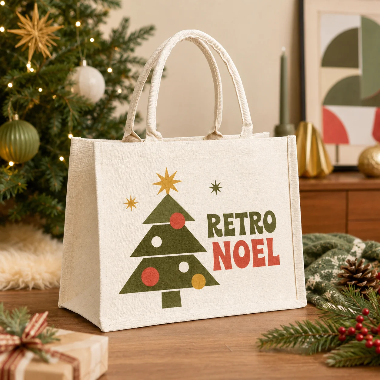 Custom Canvas Tote Bag Christmas tree Personalized Logo Message Large Shopping Handbag For Women Kids Christmas Party