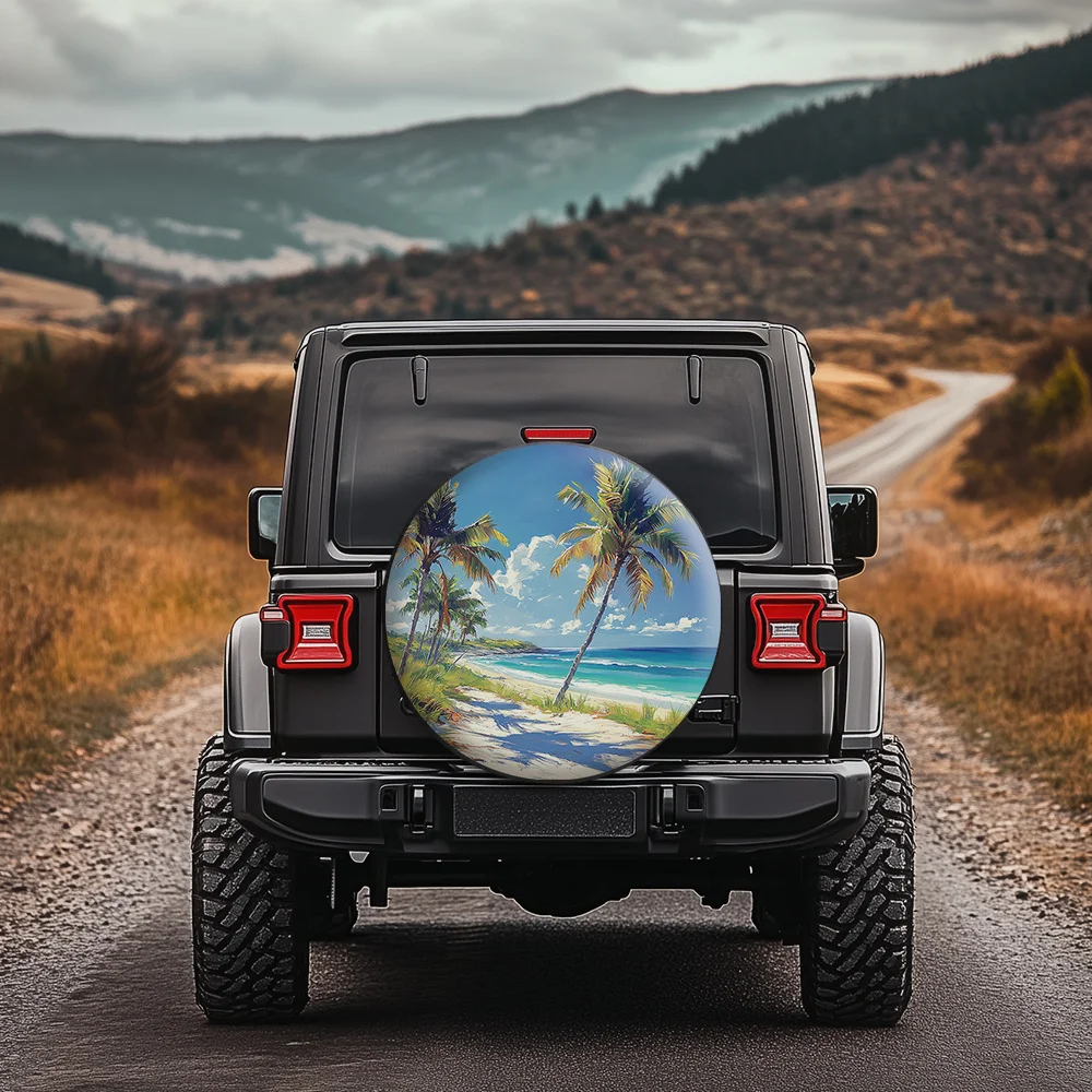 Coconut Breeze Beach Spare Tire Cover, Palm Tree Sunny Beach Print for Travel Cars SUVs Trucks