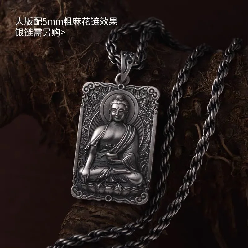 Vintage Silver Plated Buddha Necklace Men\'s Punk Style Pendant Hip Hop Accessories Personality Jewelry Gift
