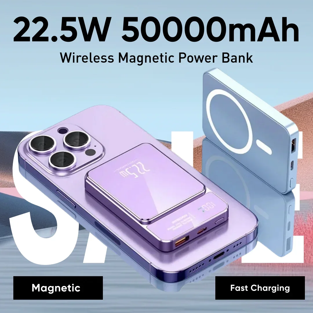 

Wireless Magnetic Power Bank 50000mAh Portable Fast Charging Powerbank External Auxiliary Battery Pack for IPhone 15 14 Pro Max