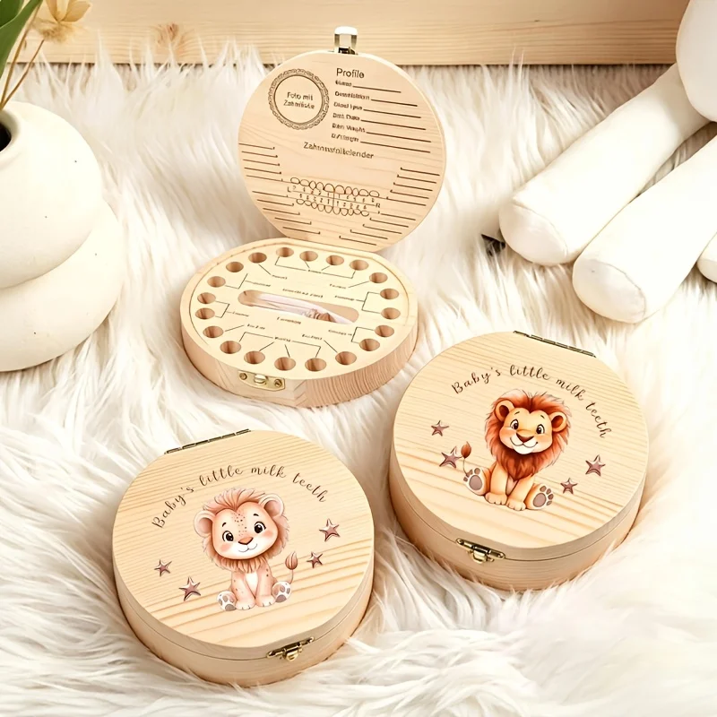 1PCS Wooden Tooth Keepsake Box Cute Animal Pattern Wooden Storage Teeth  Fetal Hair Tooth Commemorative Preservation Box Birth