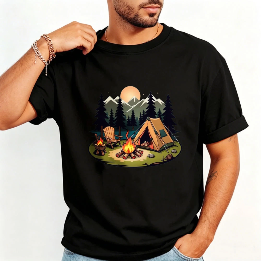 Camping Chair Bonfire Graphic Tees Outdoor Night Tent Pine Trees Nature Relaxation Unisex Shirt Summer Casual Streetwear Tops
