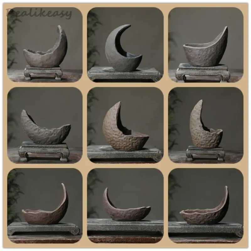 Chinese Purple Sand Flower Pot Creative Handmade Moon shaped Flower Pot Ceramic Bonsai Pot Home Desktop Decoration Pot 1PCSLE655