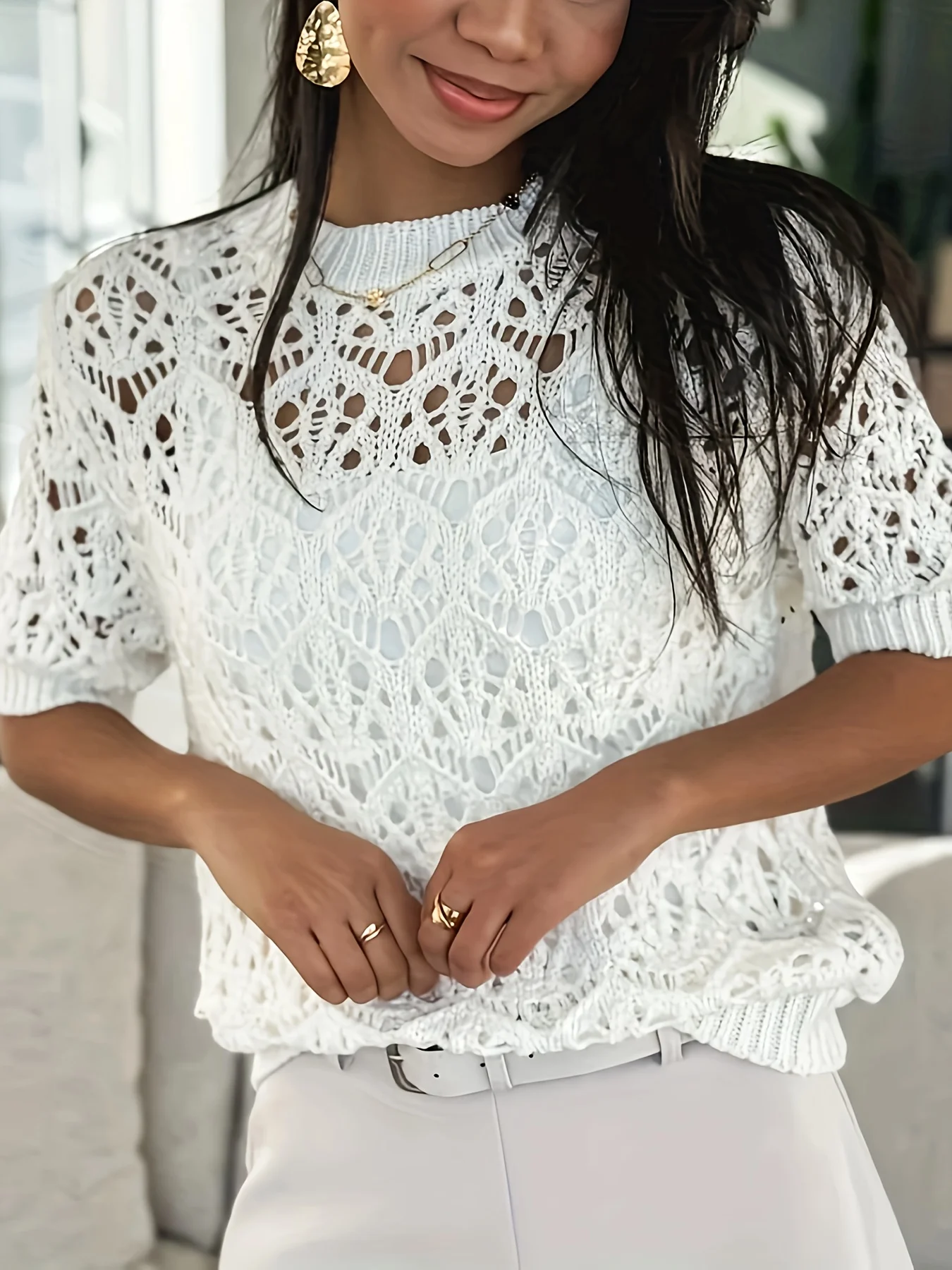 Damen-Pullover mit lockerem, ausgehöhltem Strickoberteil, Rundhalsausschnitt, Fünfviertelärmeln, lässiger Strickpullover für Frühling und Sommer