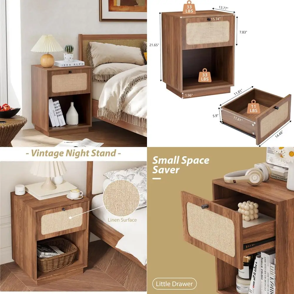 

mid-century 16" wood nightstand with drawer and shelf, storage-friendly linen-inspired accent table