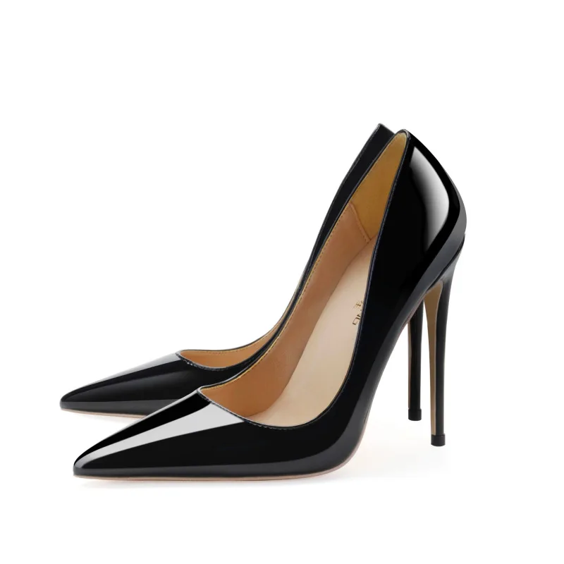 

10cm 12cm Luxury Black Lacquer Fine High Heels Women's High Heels Pointed Sexy High Heels Flat Shoes Large 46