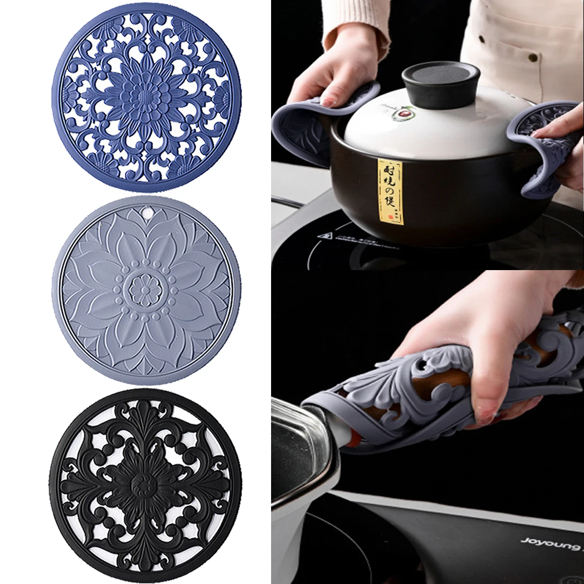 3pcs/set New Chinese Style Cutout Silicone Coaster Circular Insulation Pad Water Filter Pad Anti Scalding Mat Kitchen Accessorie