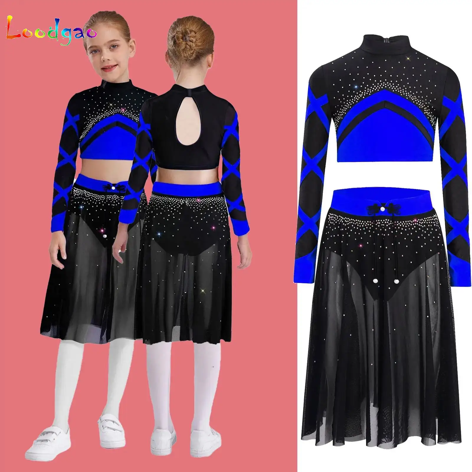 

Girls Ballet Figure Skating Performance Costume Chinese Style Crop Top with Knot Button Skirt Praise Modern Lyrical Dance Outfit