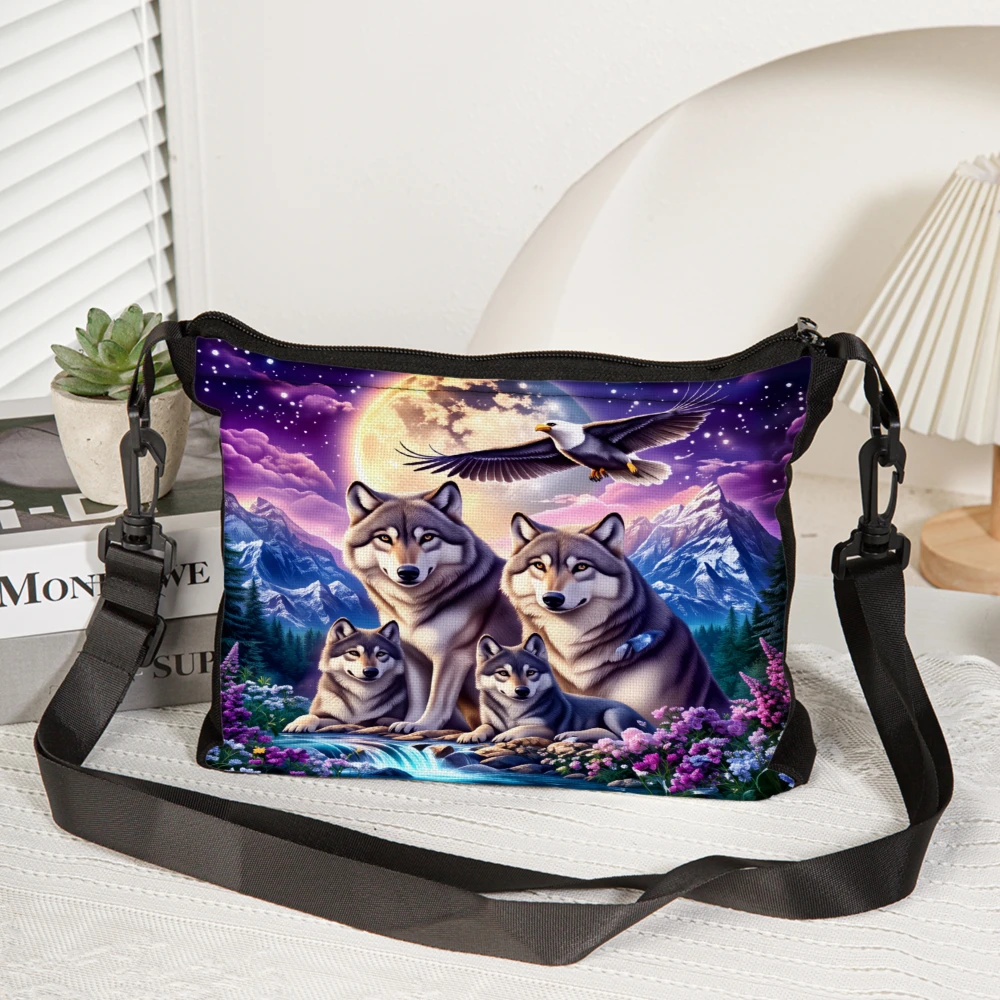 Wolf Family Moonlight Mountain Scene Crossbody Bag Black Wolf And Eagle Print Shoulder Bags For Women Outdoor Nature Lover Trave