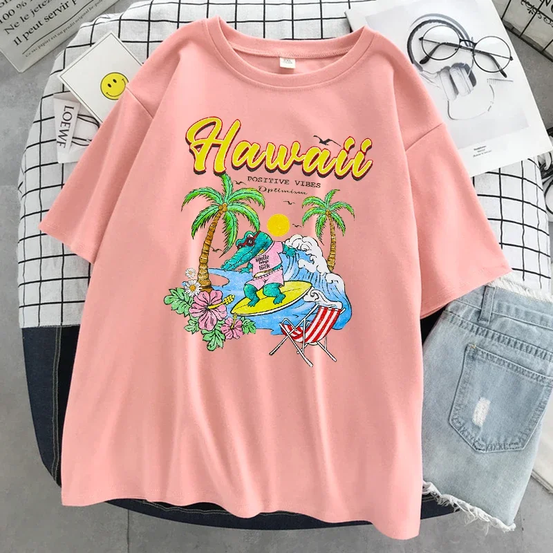 Camiseta hawaiana con estampado de Vibes positivos para mujer, ropa holgada de algodón, transpirable, Hip Hop, Verano