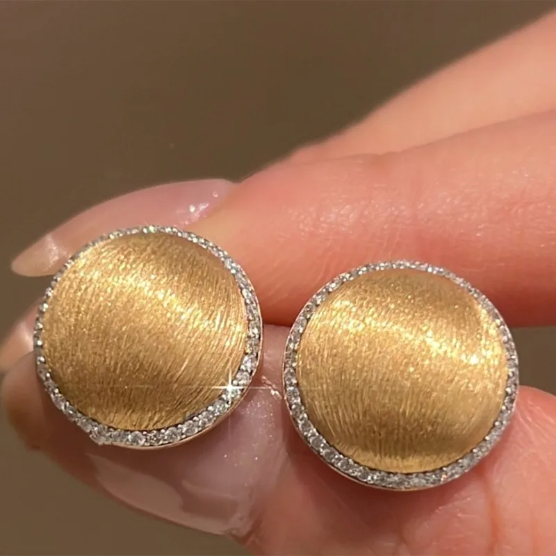 Classic high-end wire drawing inlaid diamond round earrings for women retro design new in earings stud banquet jewelry