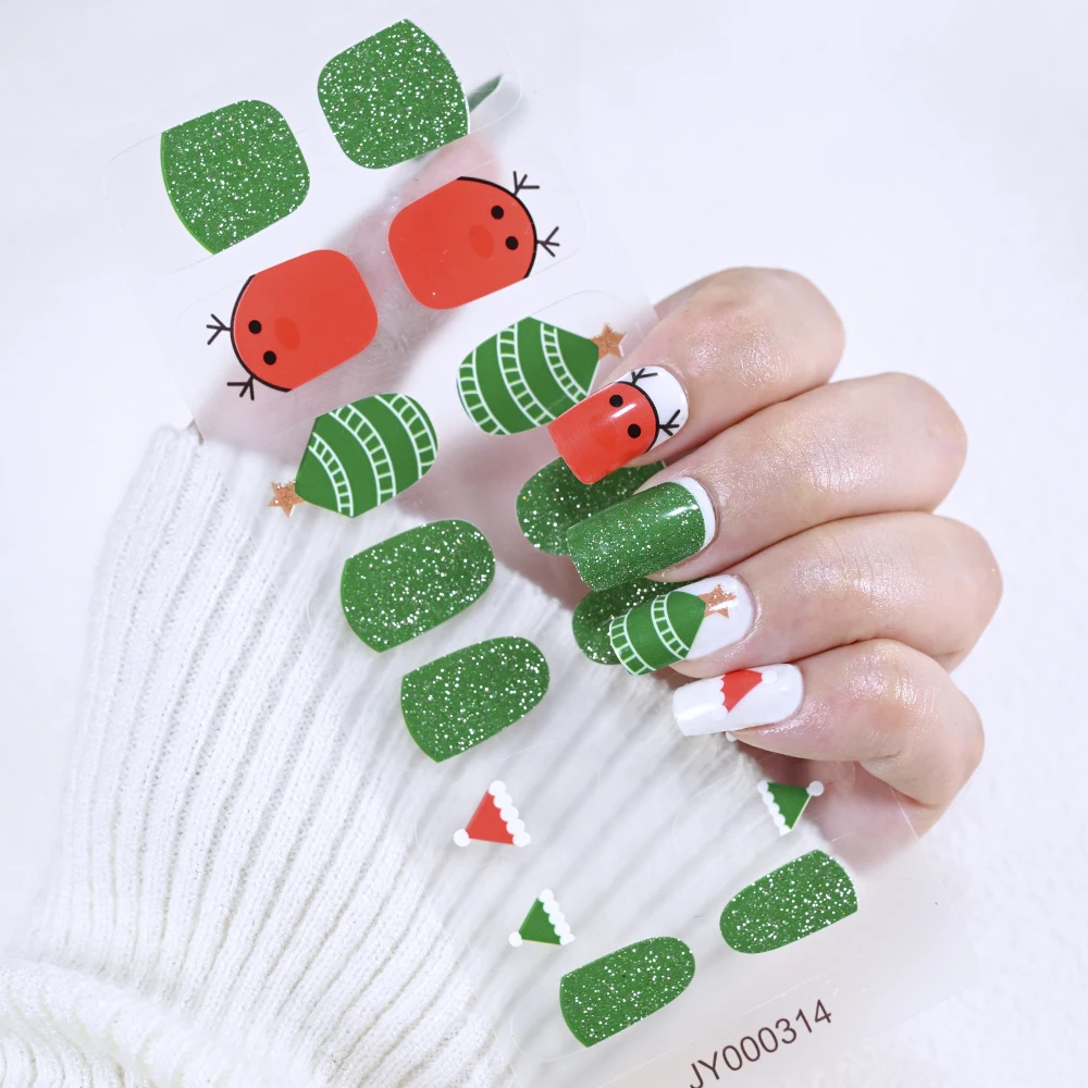 2 Blatt (32 Spitzen) backfreie Glitzer-Weihnachts-Nagelaufkleber, Farbverlauf, Rouge, Elch, Schneeflocken, Weihnachtsbaum, Gel-Nagelaufkleber, DIY-Nagelverpackung