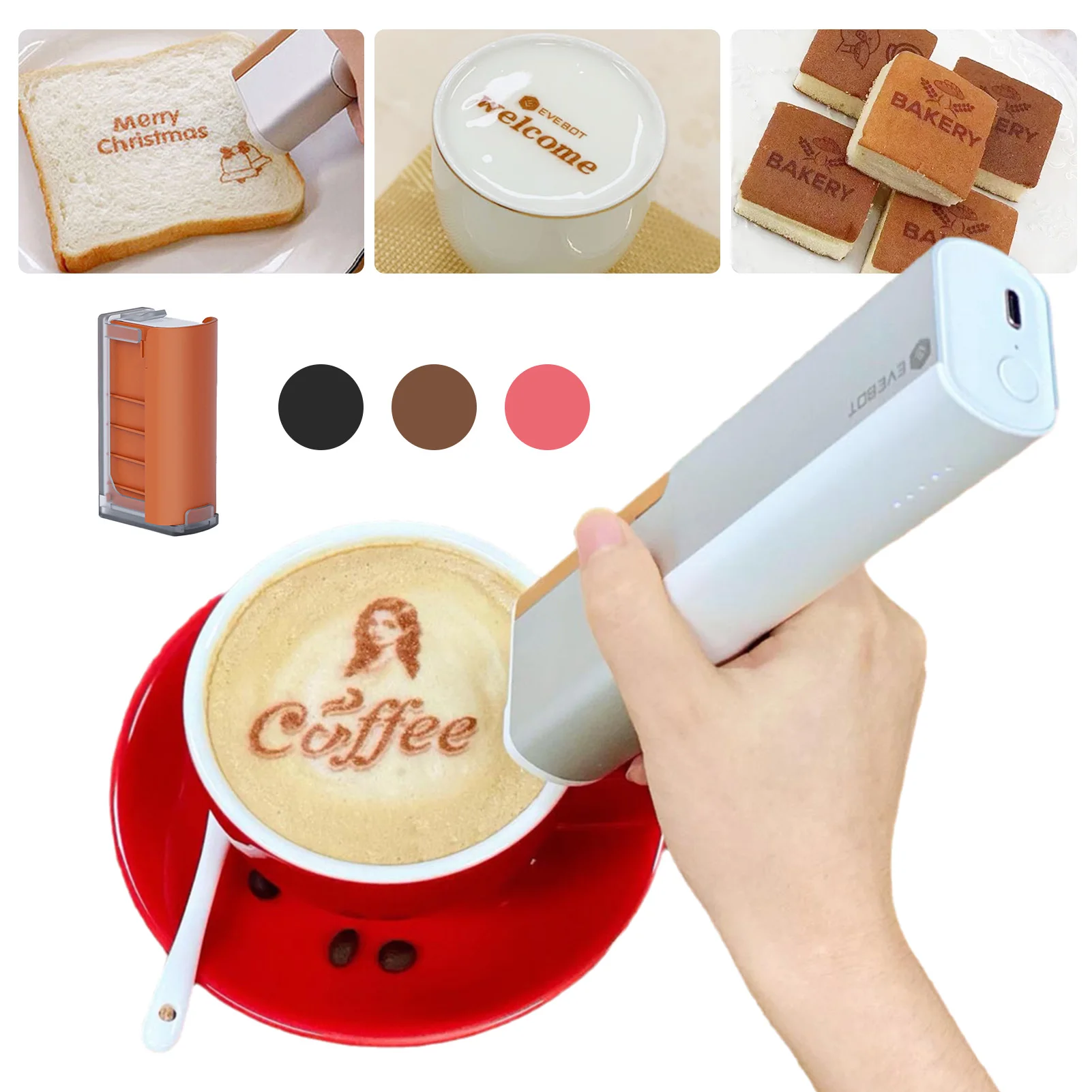 EVEBOT Printpen Handheld Food Printer BT Wireless Portable Mini Coffee Latte Art Inkjet for DIY Patterns Design Biscuit Cake