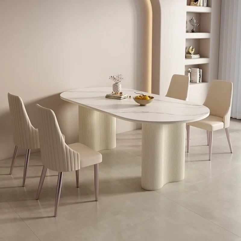 

Full support baseplate rock slab dining table cream wind pure white small apartment household oval dining table and chair