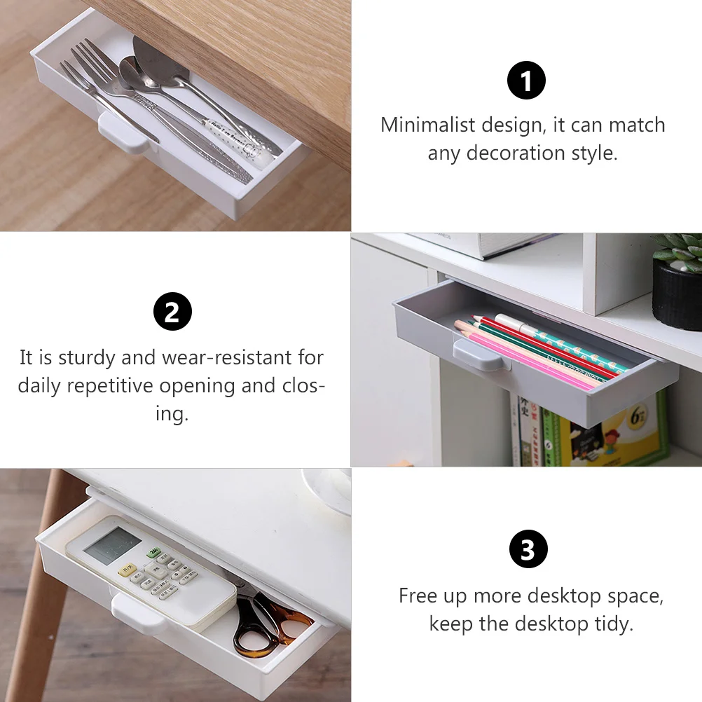 3Pcs Sticky Under Desk Box Wear Resistant Stationery Organizer Hidden Drawer Minimalist Design Storage for Office Kitchen