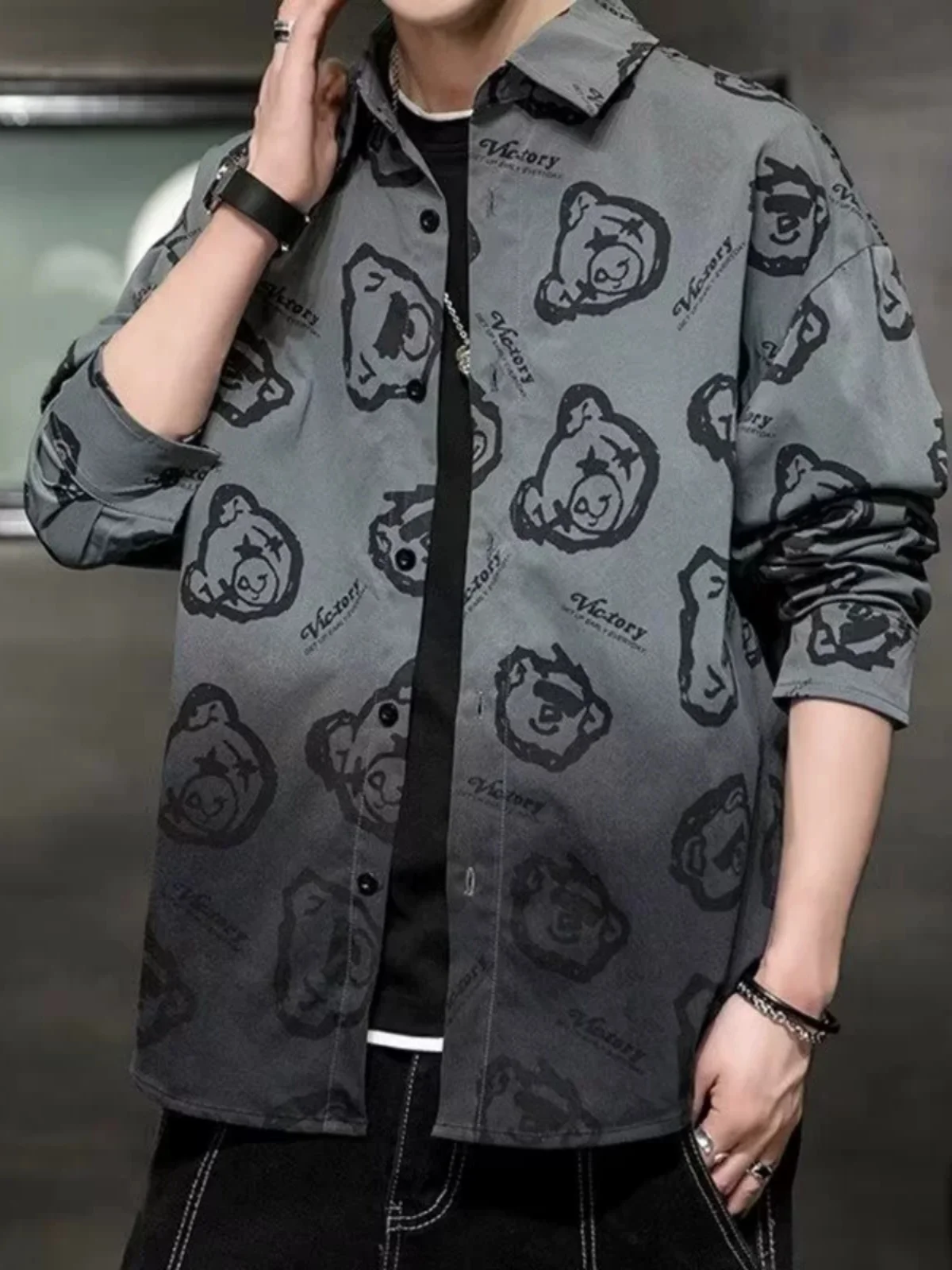 

Свободный крой Long Sve, мужская однотонная весна-осень 2024, модная брендовая повседневная универсальная верхняя одежда с принтом медведя