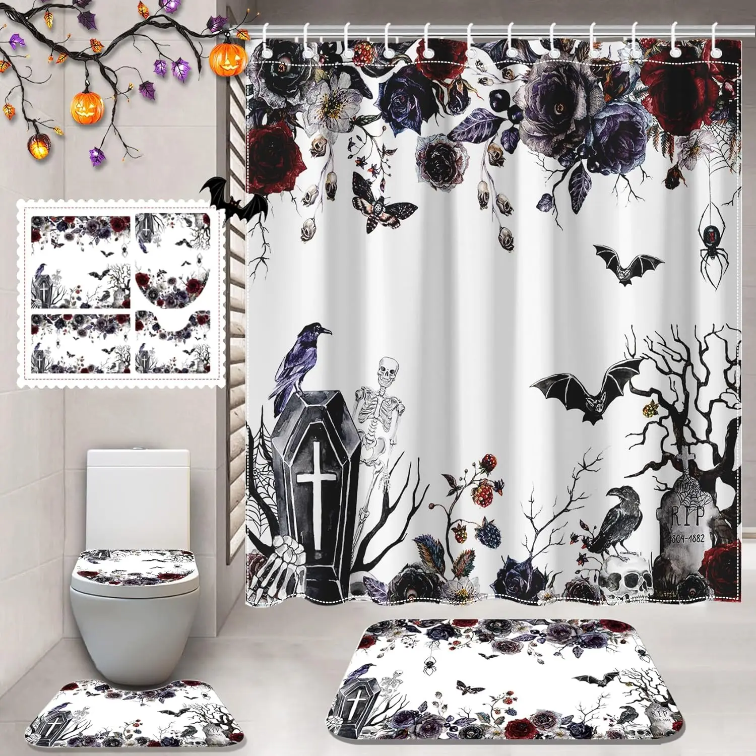 4 Pcs Shower Curtain Sets Halloween Bathroom Curtain Sets Horror Flower Fabric Curtain for Bathroom Decor with 12 Hooks