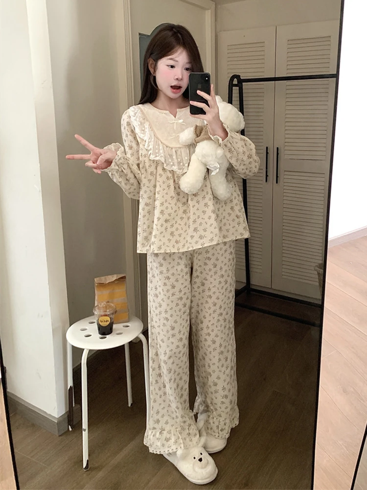 Palace Style Pure Cotton Pajamas for Women Autumn Double Layer Gauze Round Neck Floral Long Sleeve Lace Trim Princess Style Set