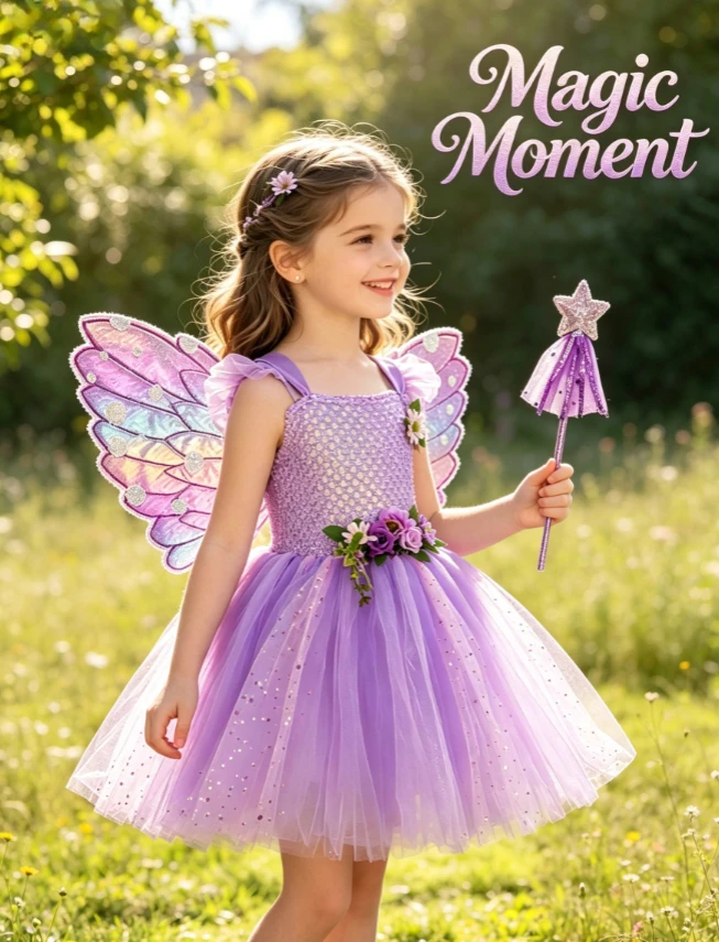 Kids Green Purple Flower Fairy Dresses for Girls Butterfly Elf Princess Theme Set With Wings And Stick for Christmas Halloween