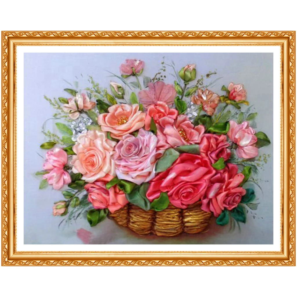 3D DIY Diamond Painting Cross Stitch Kits Basket of Rose Ribbon Picture of Rhinestone Diamond Embroidery Flowers Diamond