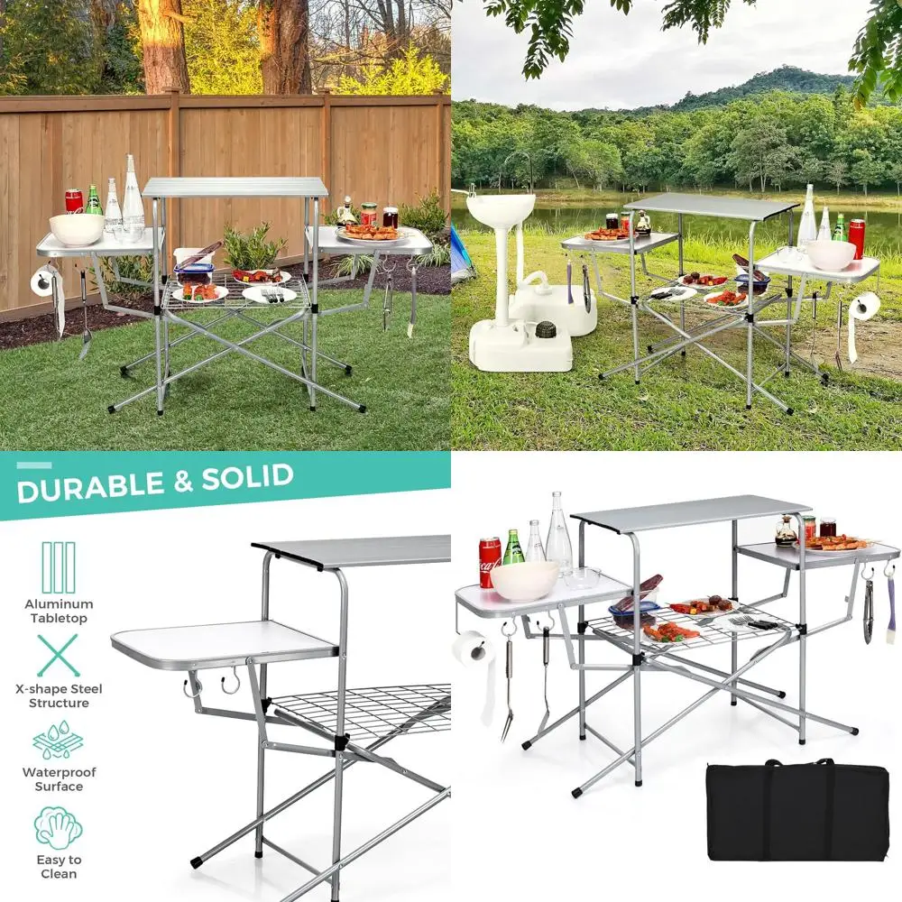 

Portable Outdoor Camping Kitchen Table with Cook Station, Storage Shelves, Hooks, and Carrying Bag - Perfect for Picnics, BBQs,