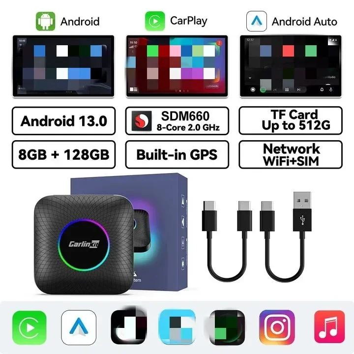 8G 128G CarlinKit CarPlay Ai TV Box Android 13 SDM660 8-Cores Wireless Android Auto CarPlay FOTA Upgrade SIM &WiFi Plug and play