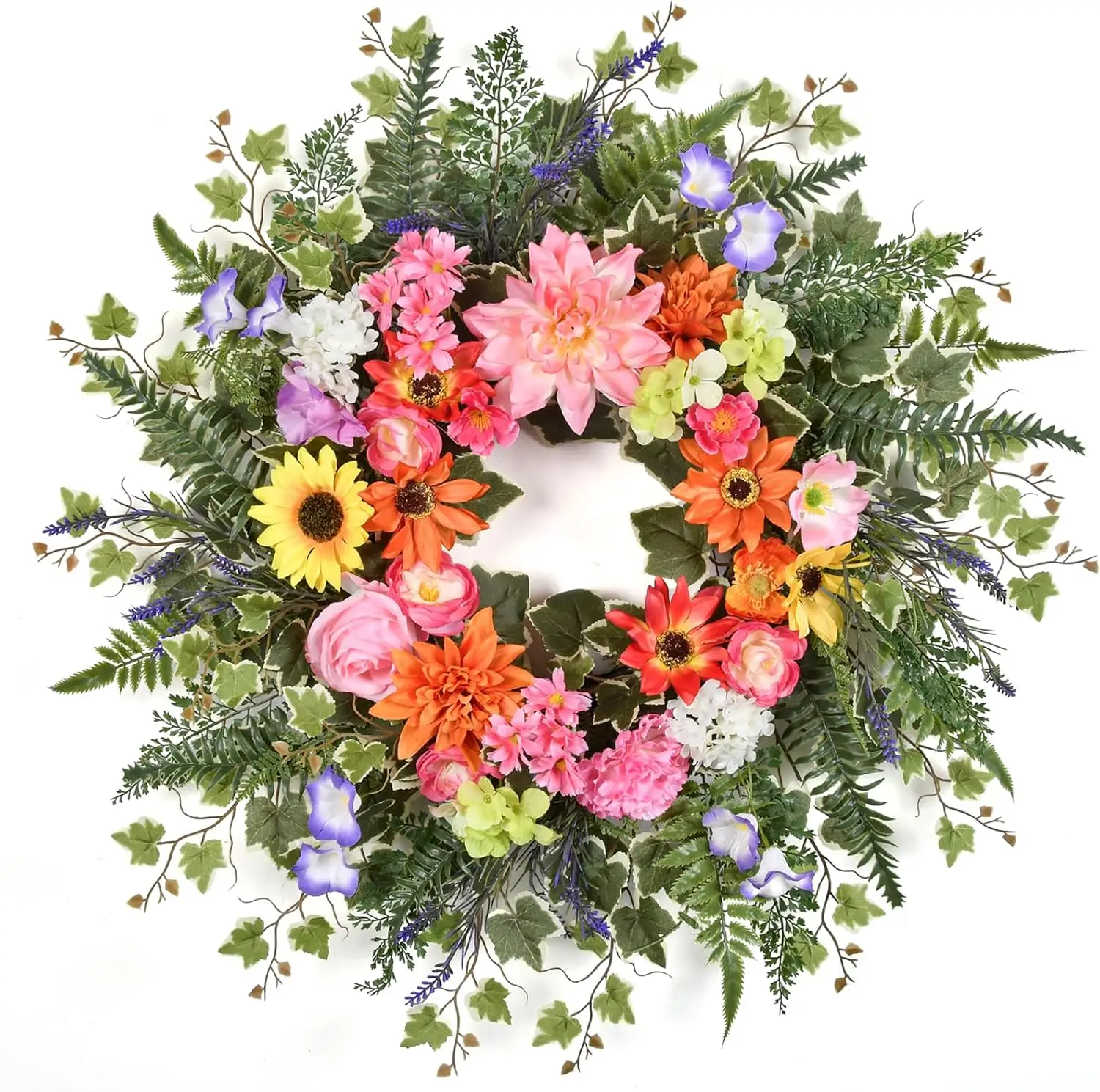 Corona de Primavera/Verano de 24-26 Pulgadas con Peonías, Rosas, Girasoles, Narcisos y Follaje para Decoración de Puertas y Paredes