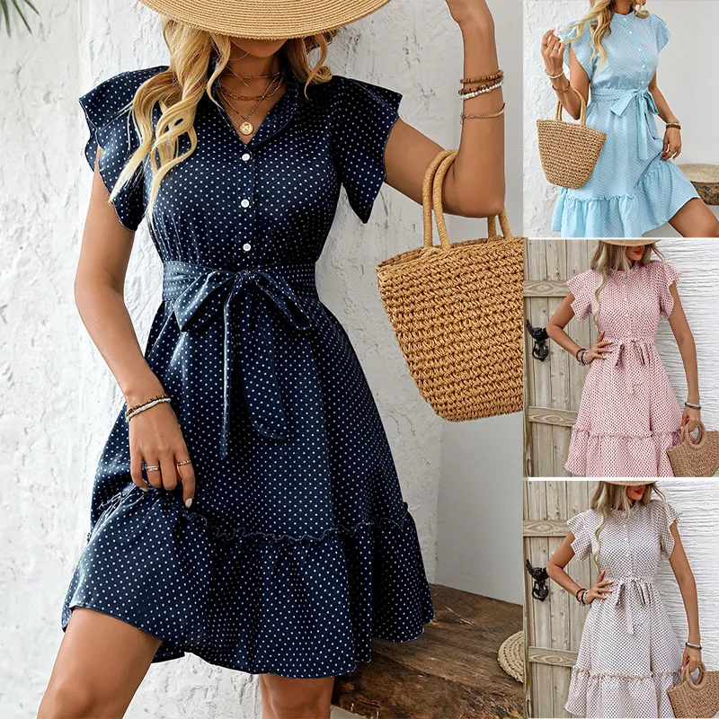 Holiday Style Wave Dot Dress Summer Elegant Lotus Leaf Short-Sleeved Lace-Up A- Line Dress for Women Vestidos