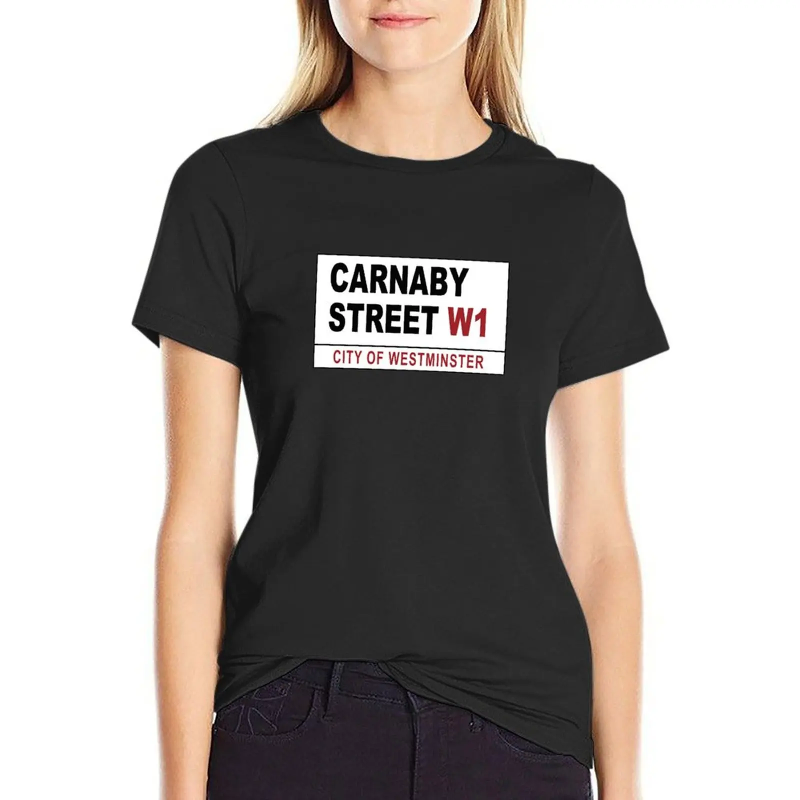 Carnaby Street Sign T-Shirt para Mulheres, Camisas Gráficas Engraçadas, Roupas De Verão, Camisas De Gato