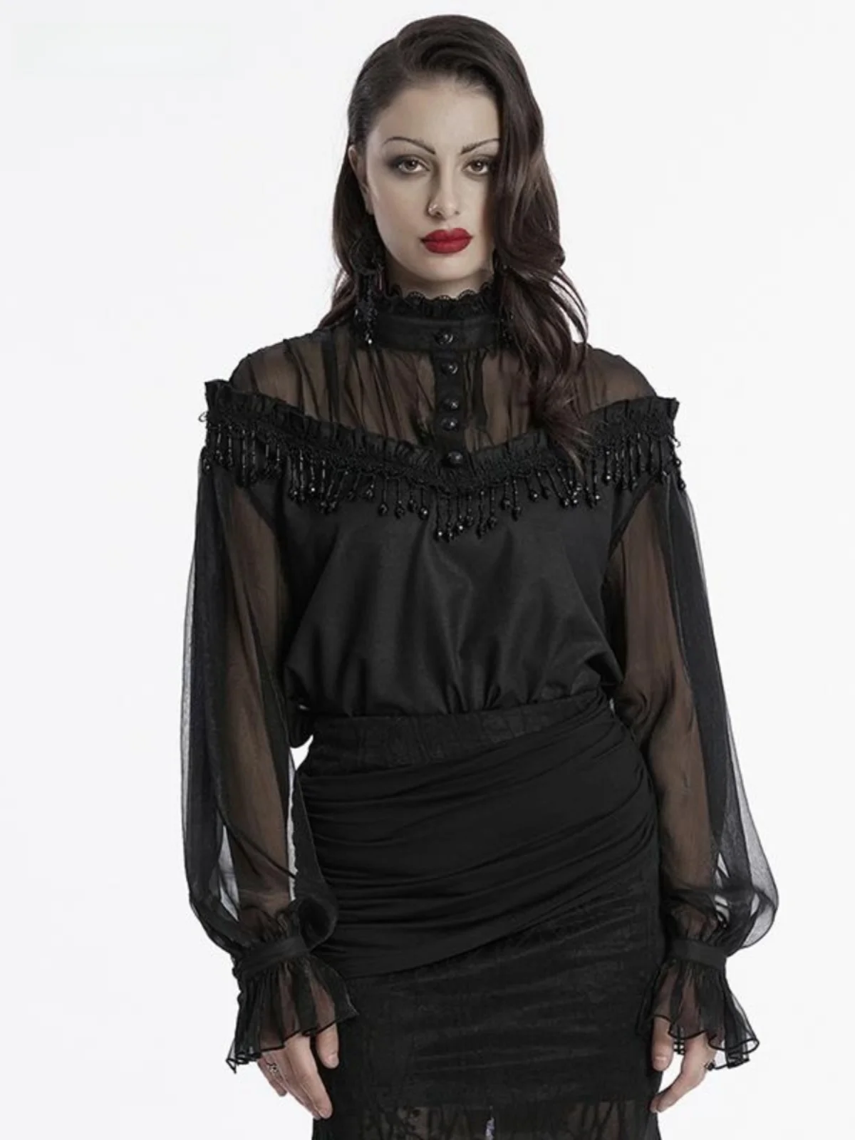 

Gothic Style Loose Long Sleeve See-through Shirt Women's Design Sensation Rock 2025 New Style Overhead Elegant Top