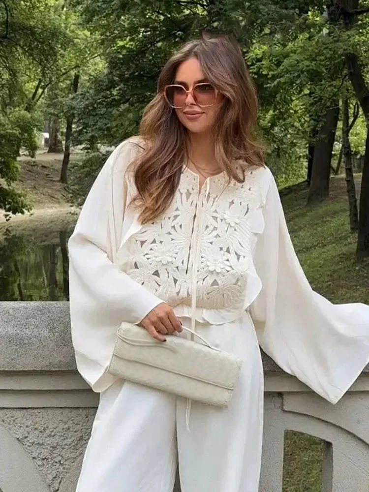 

HH Female Summer Fashion Elegant Long Sleeve Crew Neck Lace Up Stitching Hollow Shirt+Chic A-line High Waist Mini Skirt Suit
