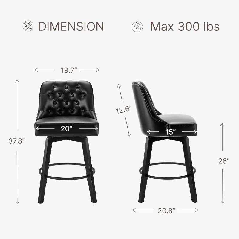 Taburetes de bar giratorios de altura de mostrador con respaldo, taburetes de bar tapizados de altura de asiento de 26" de alto para isla de cocina