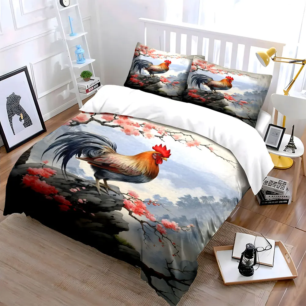Rooster on cliff with blossoms Print Soft Comfortable Duvet Cover Bedding Set Included 1*Duvet Cover 2*Pillowcases Luxury Gift