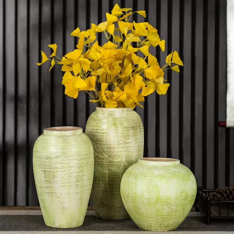 Small fresh green minimalist vase Jingdezhen ceramic tabletop rough pottery living room ornaments