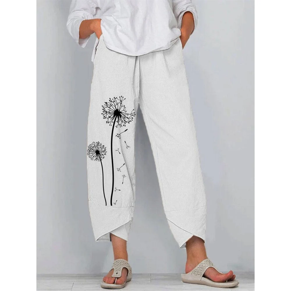 CLOOCL Pants Women Loose Casual Pockets Trousers Large Dandelion Print Ankle Slit Design Oversized Pants Chic Slacks