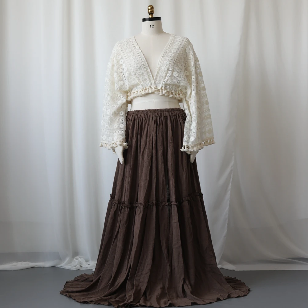 

Fringe Tassel Maternity Dress for Photoshoot Long Sleeve Deep V Embroidered Gown Baby Shower Outfit Boho Boutique Bump Friendly