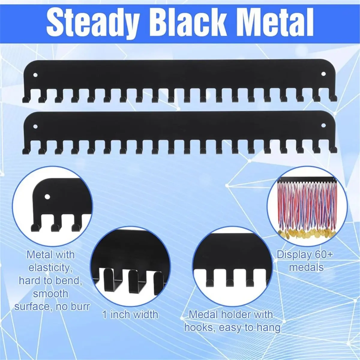 Time Saving 4 Pack Medal Holder Display Hanger Rack, Metal Medal Hanger Display Sport Medals Holder Wall Mount with 20 Hooks