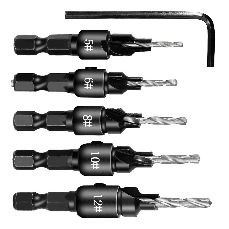 5pcs Countersink Drill Woodworking Drill Bit Set Cordless Step Drill Bits For Screw Sizes #5 #6 #8 #10 #12