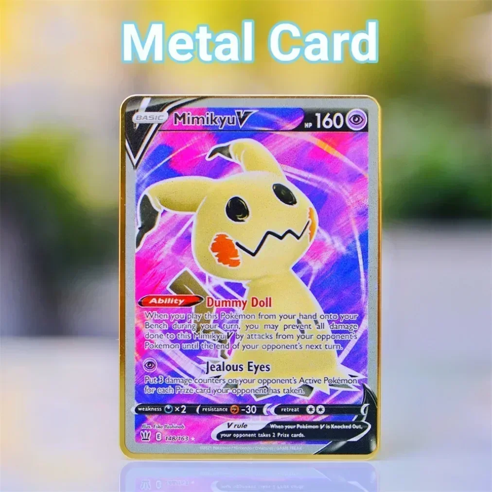 Pokemon Metal Card Metal Pokémon Letters Mimikyu Pikachu Vmax Charizard Genga Anime Games Gift Gold Iron Playing Cards Kids Toys