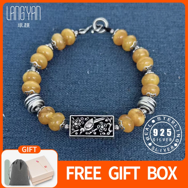 

Langyan Natural Beewax Amber Beaded Bracelet Women Chinese Style 925 Sterling Silver Bird Flower Bracelet Gift can Customized