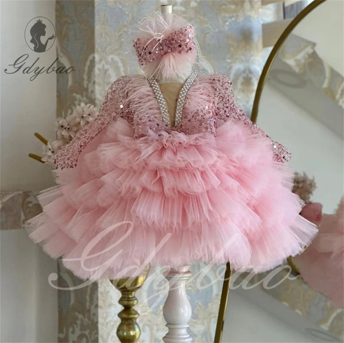 Flower Girl Dress Ruffles Long Sleeves Scoop Neck Feather Pearls Cute Baby Girl Tutu Party Gown Short Graduation Kids Prom Dress